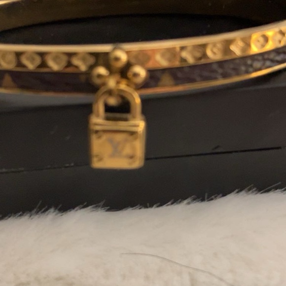 Gold toned and Brown Bangle Bracelet with Lock Charm - Picture 5 of 7